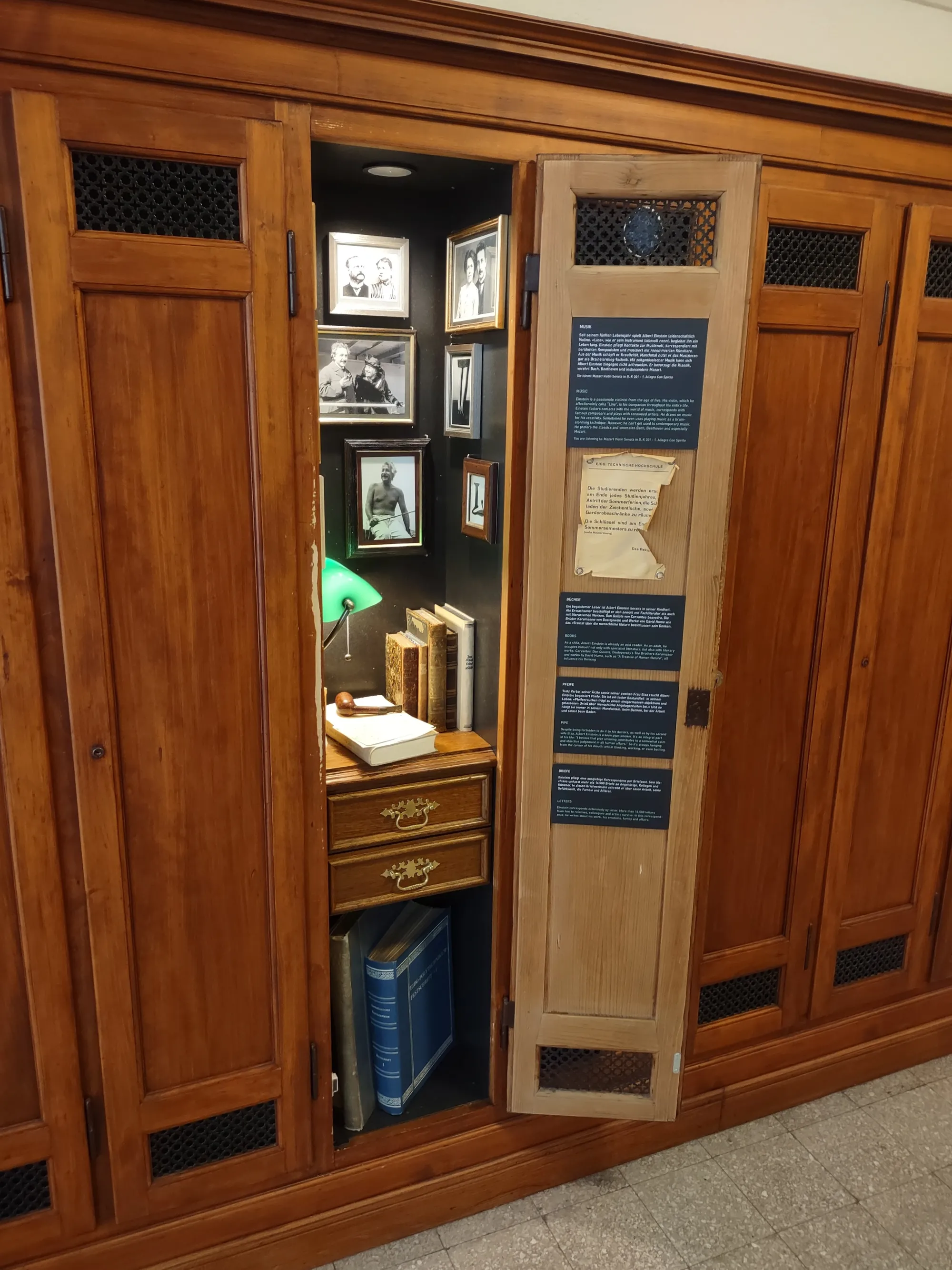 A photo of the inside of Einstein's locker at ETH Zurich.