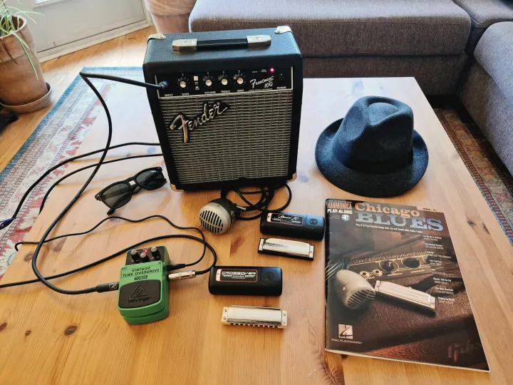 My Chicago blues gear: two harmonicas, an amplifier, mic, effects pedal, sunglasses, hat, and book.